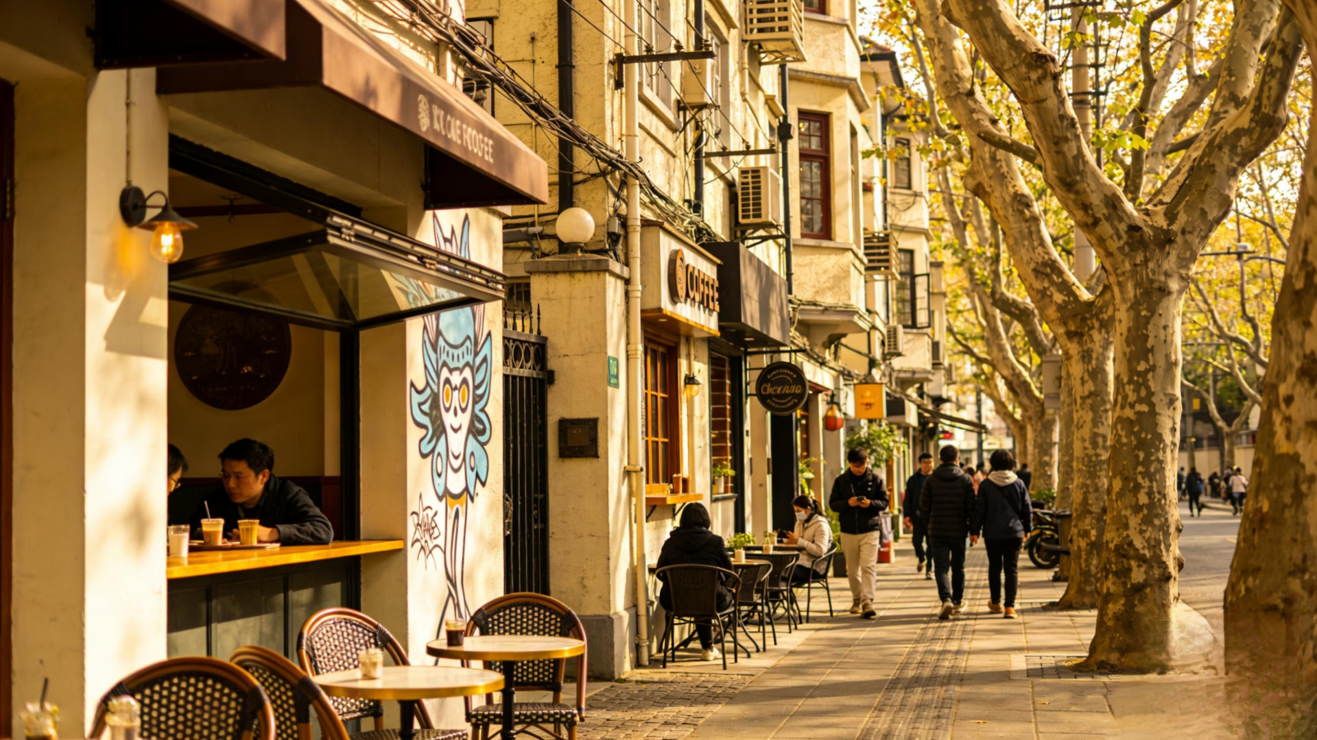 Tree-lined Anfu Road in Shanghai with cafés and pedestrians